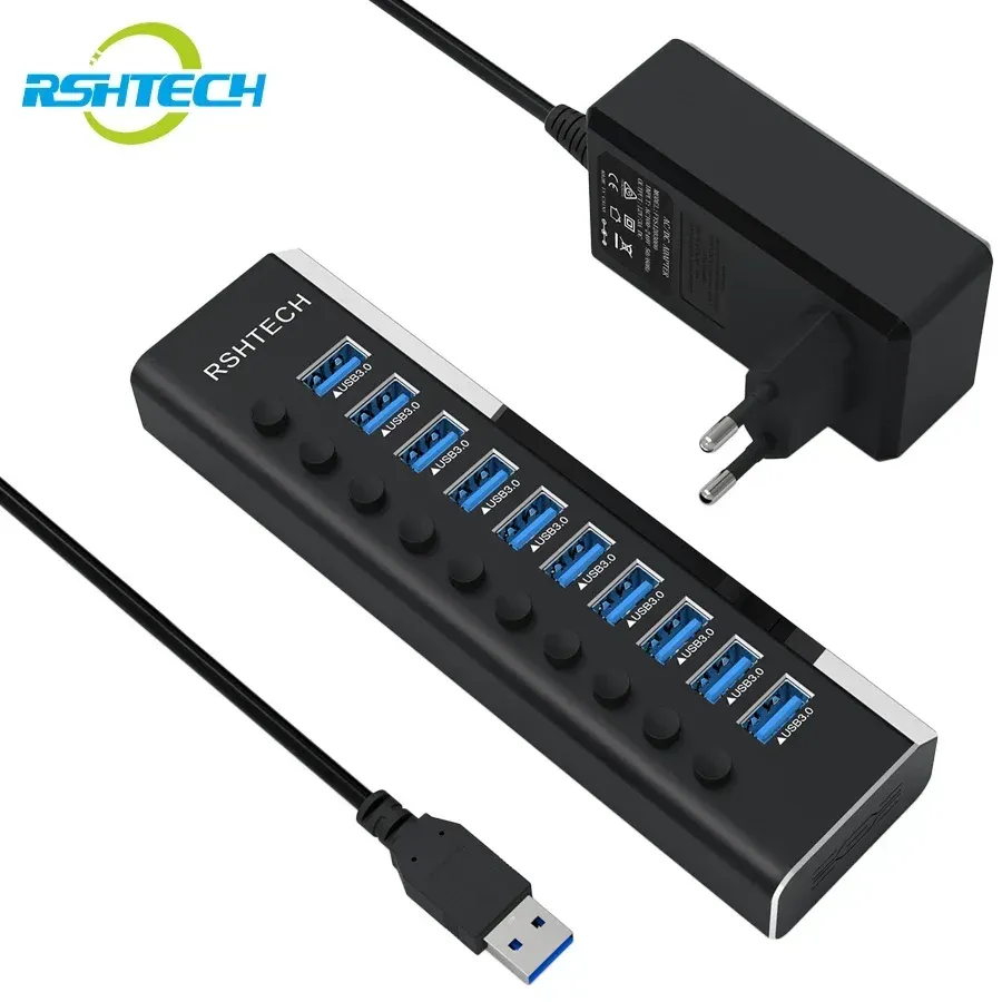 Hubs RSHTech USB Hub 10 Porta 5GBPS USB 3.0 Hub di dati con 36W 12V/3A Adattatore di alimentazione individuale ON/OFF Switch Laptop Slitter USB USB