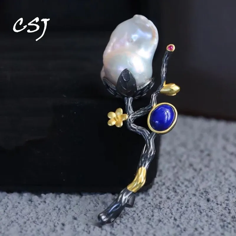 Sieraden csj vintage natuurlijke lapis barokke parelbroche sterling 925 zilveren handgemaakte sieraden voor vrouwen dame bruiloft engagment feest cadeau