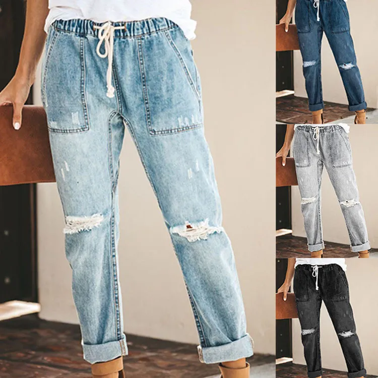 Projektant bandaż mody streetwear Rubled Woman Worbgy dżinsy w stylu amerykański strzępione dziury Burr Edge szeroko nogi spodni spodnie