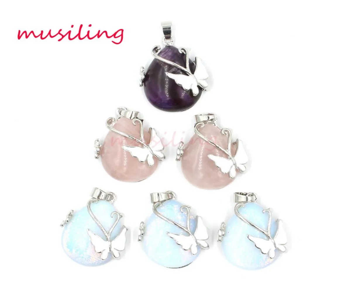 Water Drop Butterfly Pendants Necklace Chain Natural Stone Jewelry Pendulum Silver Plated Charms Amulet European Fashion Jewelry F7060489