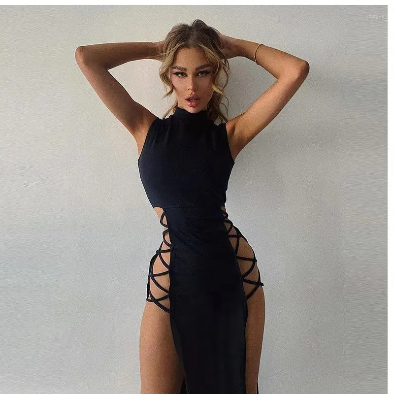 Robes décontractées élégant bandage sans manches noires robe sexy pour femmes club de fête sans dossier sans skinny mode été 2024 luxe