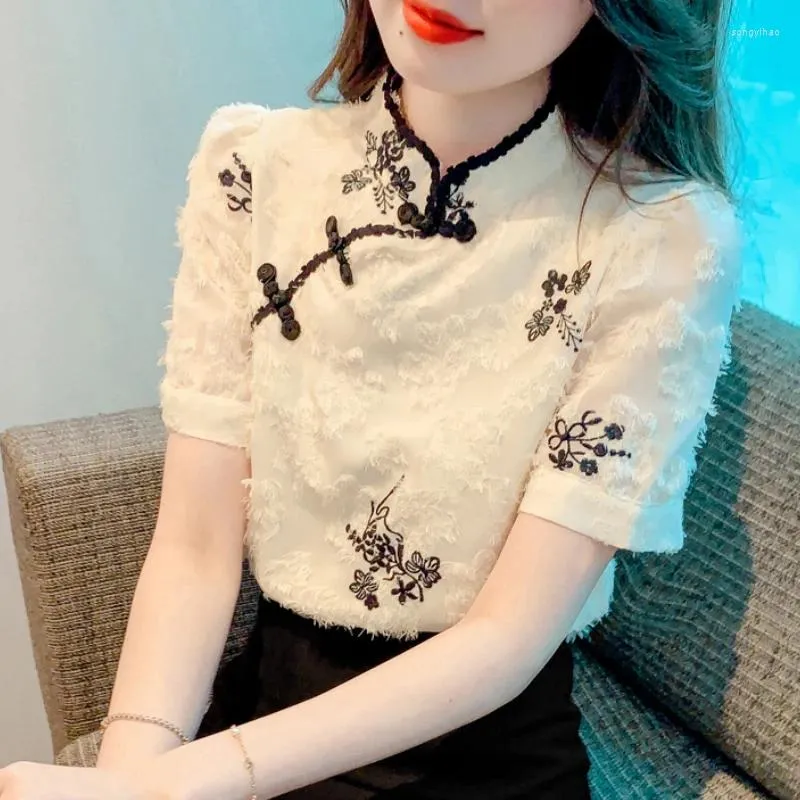 Frauenblusen 2024 Mode Chiffon Kurzarmbluse und Tops Elegante Sommer -Blumenhemden Frauen Vintage Korean Sweet 26025