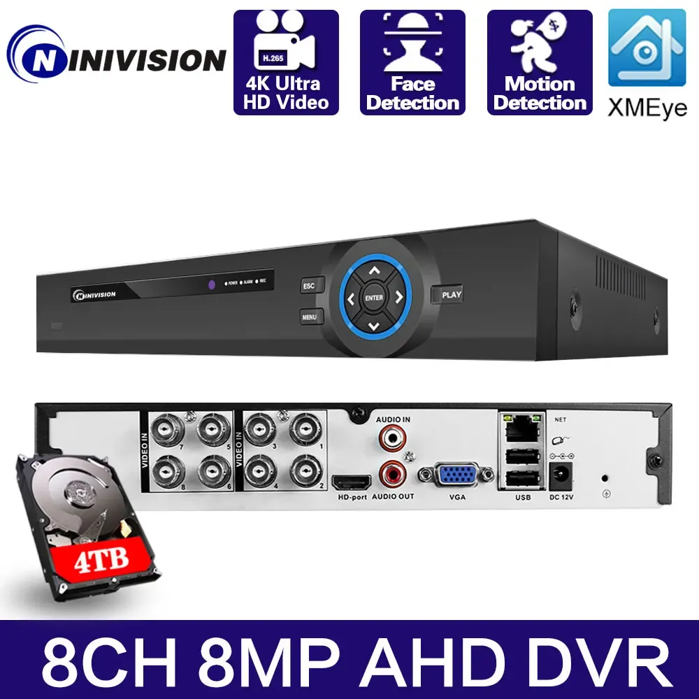 レンズAHD DVR 6IN 1ハイブリッドTVI CVI AHD CVBS IPカメラデジタルビデオレコーダーセキュリティシステム8MP XMEYEアナログサーベイランス8Channel 4K