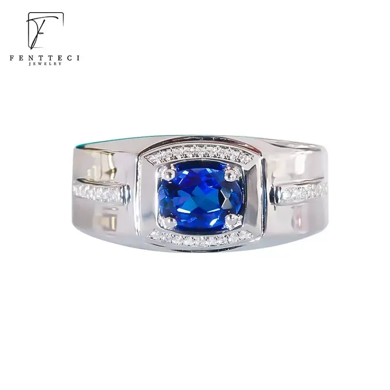 Rings Fentteci 925 Sterling Silver Domineering Sapphire Men's Ring Persoonlijkheid ingelegde kleurrijke edelstenen diamanten trouwring iets blauws