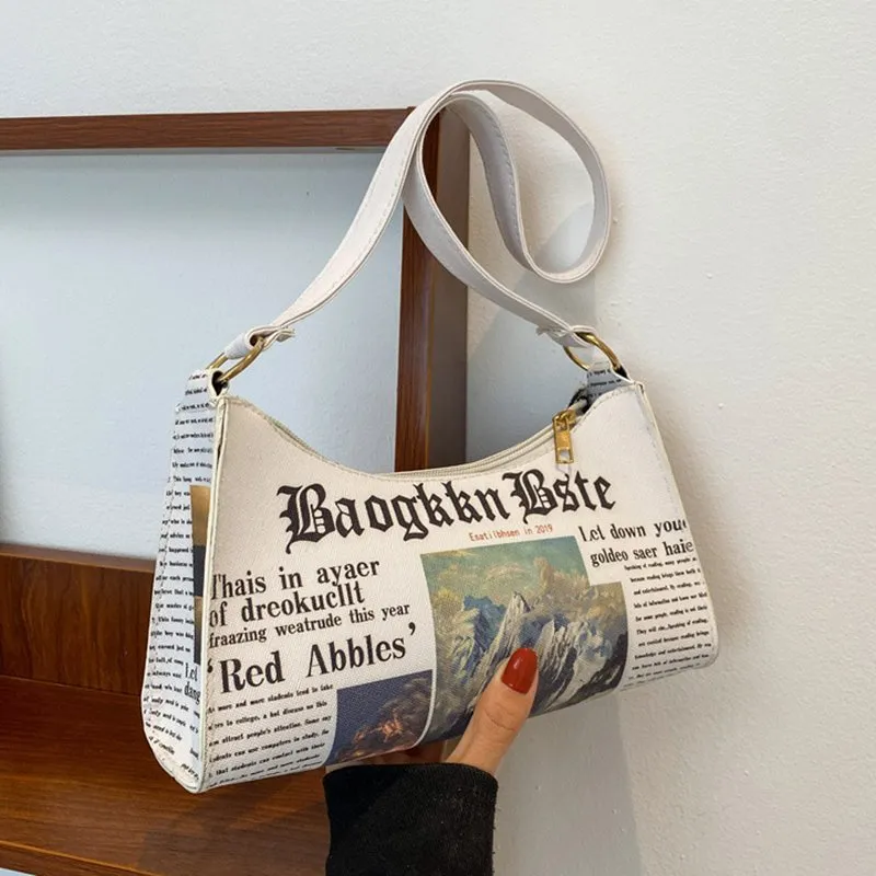 Womens Leather Shoulder Bag, Newspaper Printed Underarm