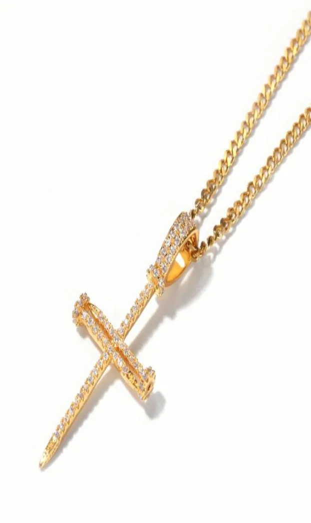 Hip Hop Nail Cross hanglanke ketting Bling religieuze sieraden Volledige kubieke zirkonia 18K real Gold PLATED13193763641738