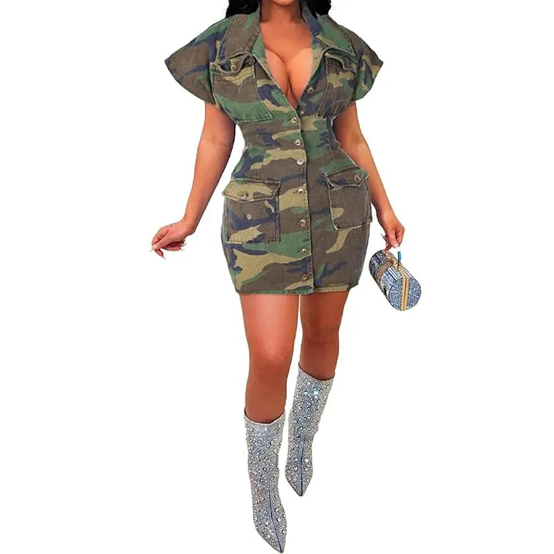 Women Suitsuits Short Bass Button Camouflage BodyCon Rompers Nightclub Party Mini Denim Abito con tasche