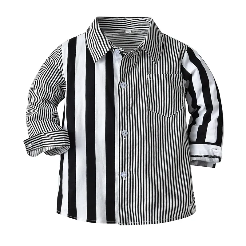 T-shirts Baby Boys Shirts Fashion Lapel Black White Color Matching Stripes Gentleman's Long Sleeve Shirt Toddlers Kids Tops Boys Clothes