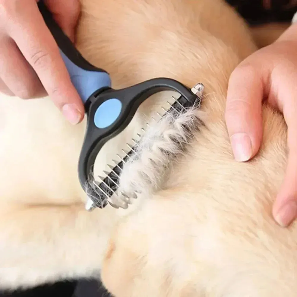Pielęgnacja Comb Pet Knot Koty Psy Włosy Włosy Czyszczony grzebień podwójna głowica Czyszczenie czyszczenia ze stali nierdzewnej Profesjonalne zwierzęta domowe zrzucanie szczotka