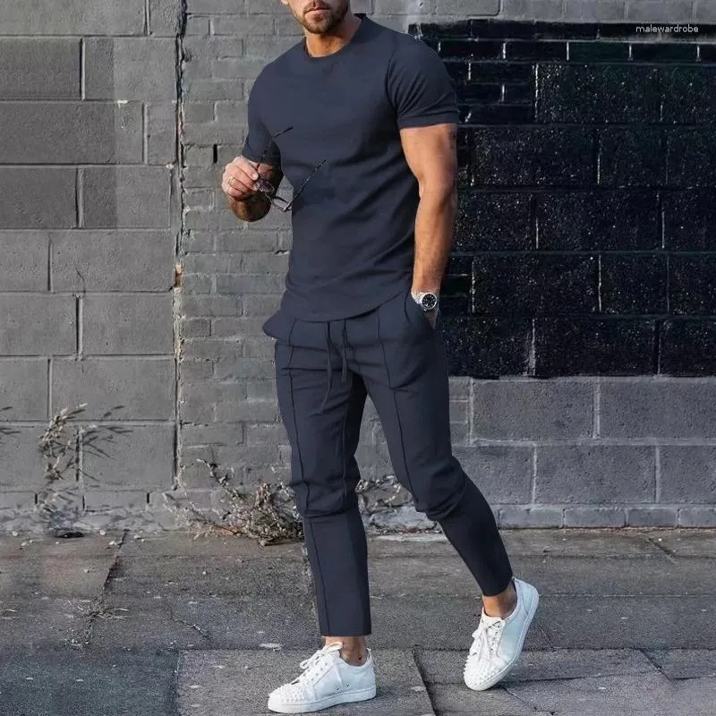 Men's Tracksuits Summer Round Neck Short Sleeve T-Shirt Solid Color Two-piece Sets Sports Loose Waist Lace-up Long Pants Male Casual Suits