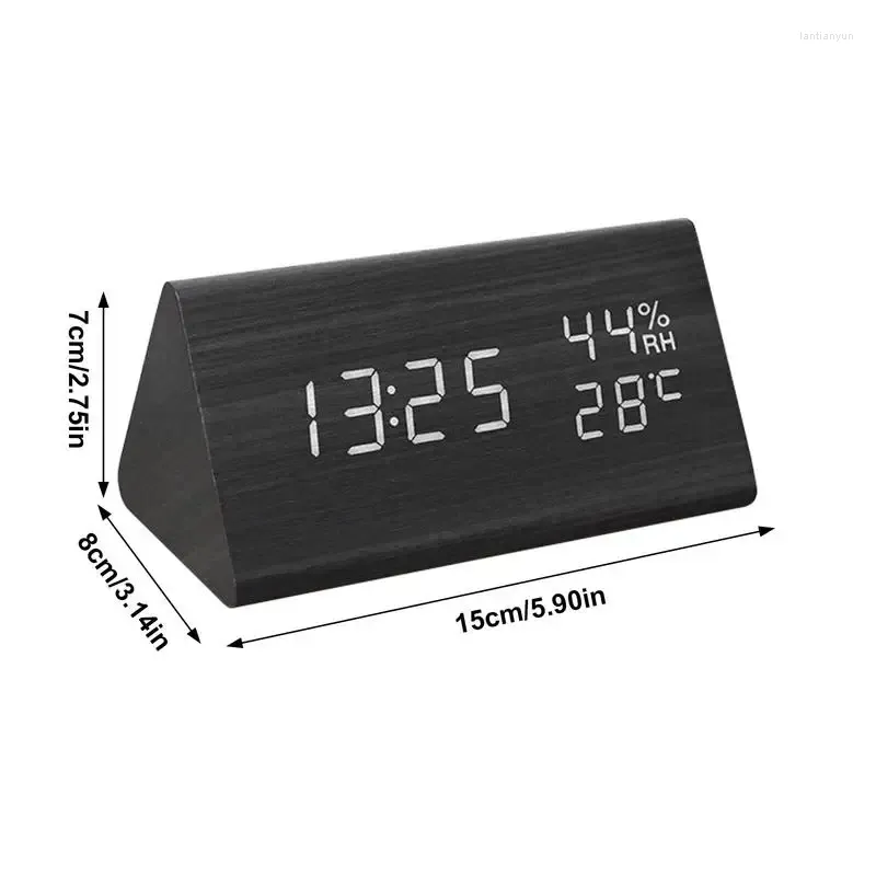 Table Clocks Wooden Alarm Clock With Humidity & Temperature Battery Operated Desk Adjustable Brightness Wood Decor For Room