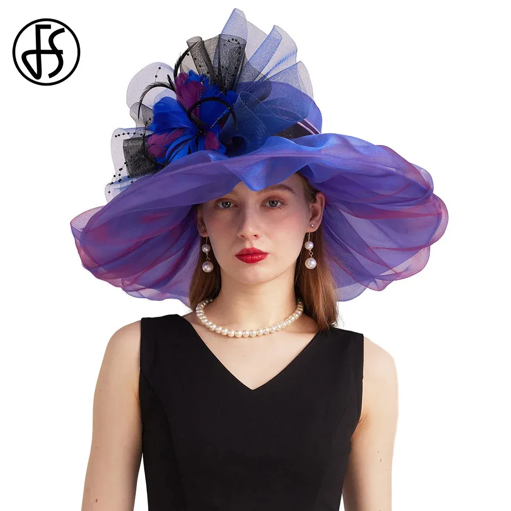 FS Purple Organza Carnival Cap Hats for Women with Mesh Flower Wedding Bride Church St Patricks Fedoras 240401