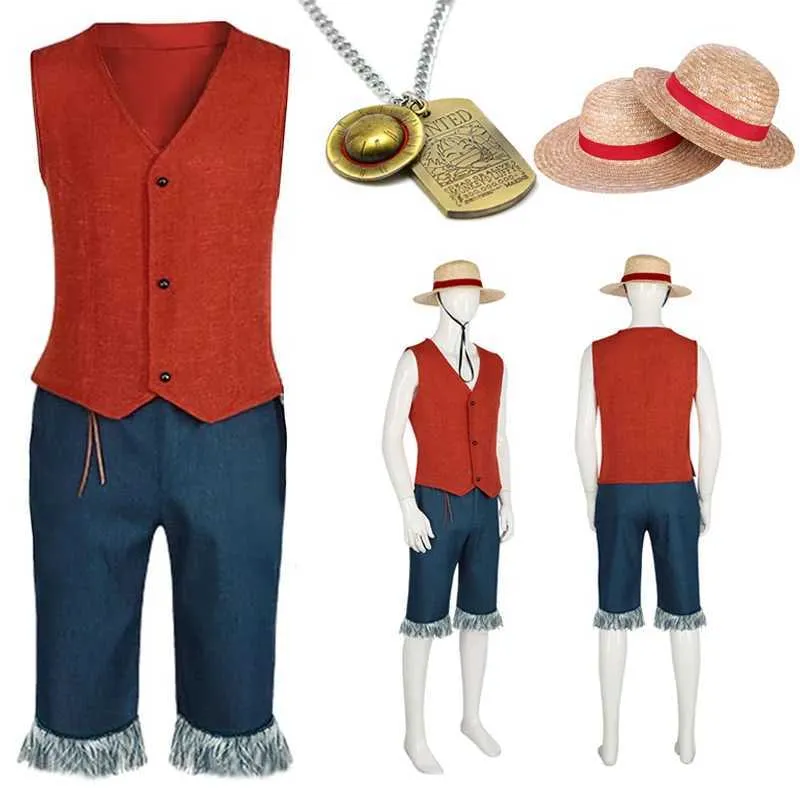 Anime kostymer luffy cosplay apa d luffy come röda väst shorts hatt rep anime outfit vuxna män för hallown party y240422