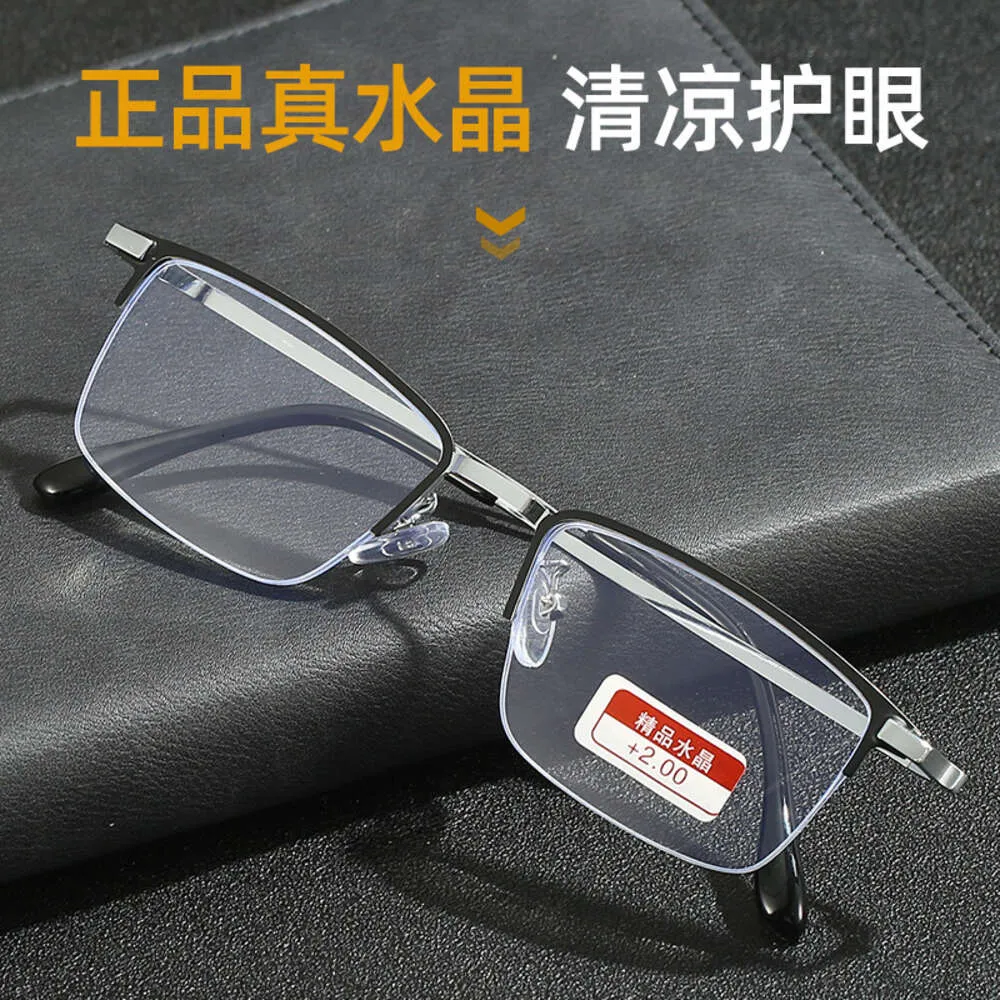 New Business Fashion Anti Blue Light Presbyopia Glasses Super Elastic Half Frame Eyebrow Crystal Mens Craft Stone