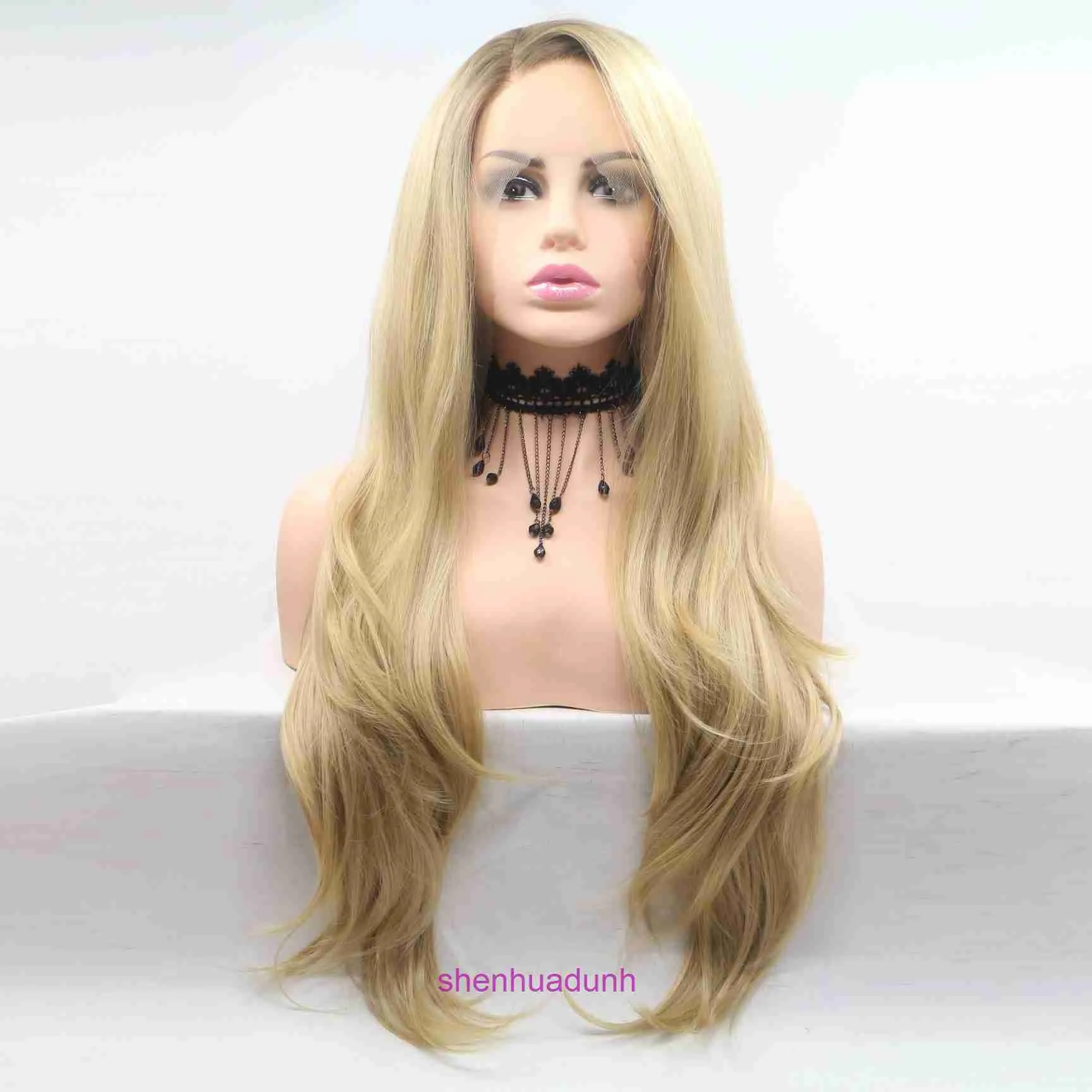 Высококачественные модные парики парики онлайн -магазин жены, окрашенные длинные вьющиеся волосы передние кружевные парик коричневый большой волна химические волокно высокая температура шелковая рука