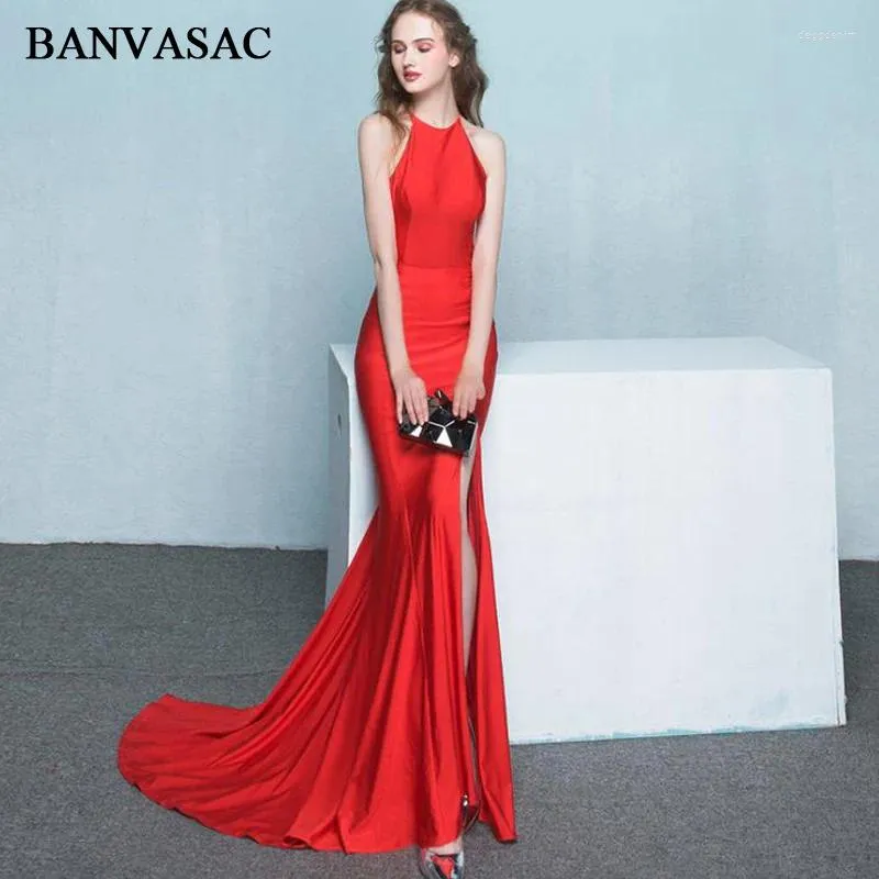 Party Dresses Banvasac 2024 Halter Elegant Split Mermaid Long Evening Cut Out Sweep Train Backless Prom Clows