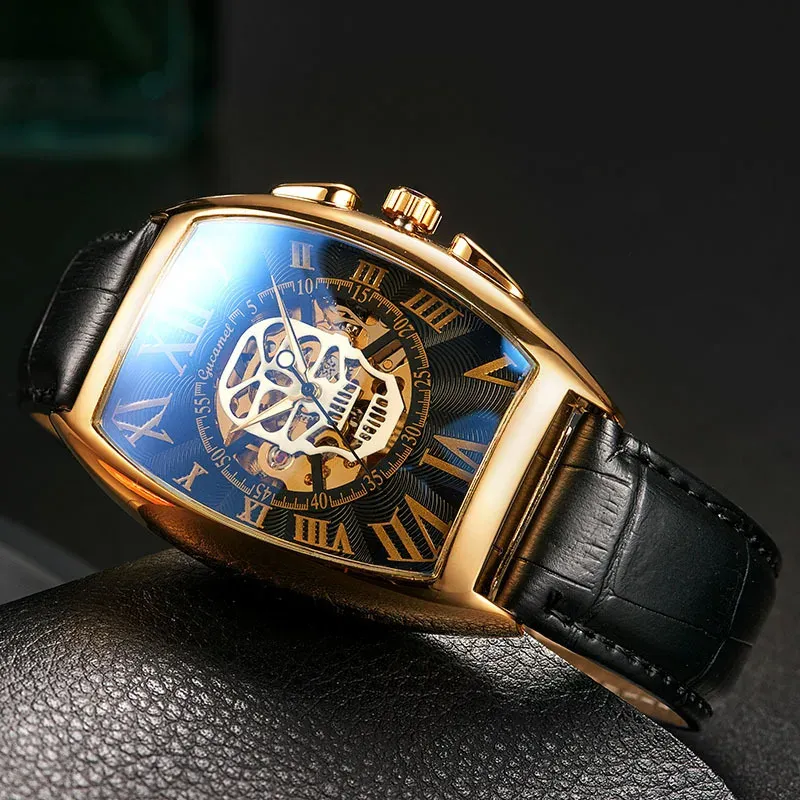 Kits New Watch Men Fashion Leather Strap Tonneau Tourbillon Skull Hollow Automatic Mechanical Watches For Man Man Male Gift Drop Shipping