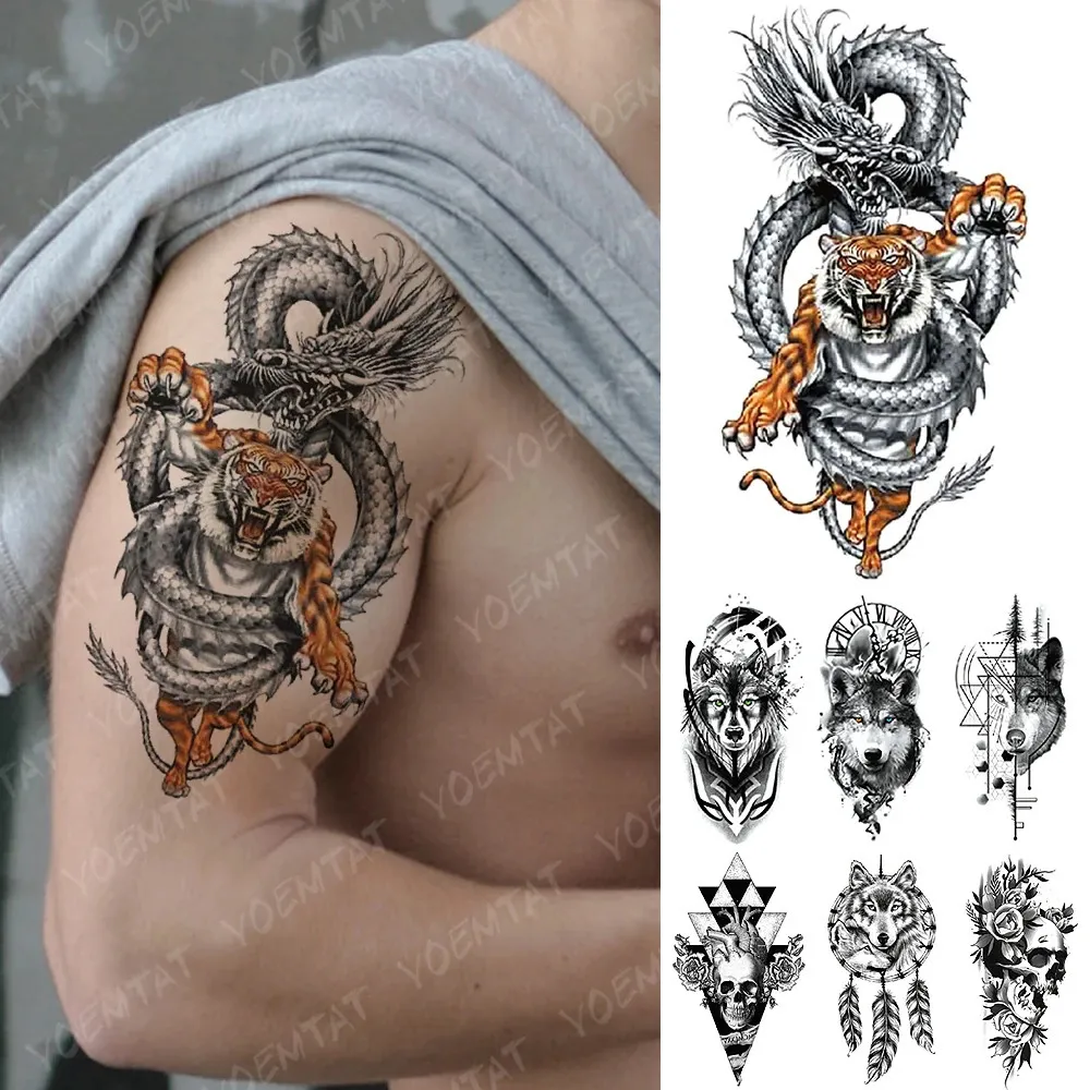 Festival Dragon Tiger Cross Watertproof tillfällig Tattoo Sticker Body Art India Fake Tattoos Water Transfer Tatoo Women Men 240408