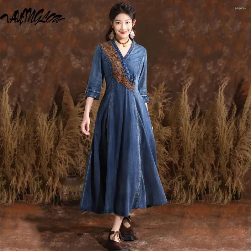 Casual Dresses Women Clothing 2024 Summer Chinese Style Handmade Plate Button Vintage Embroidery V-Neck Cowboy Swing Long Dress