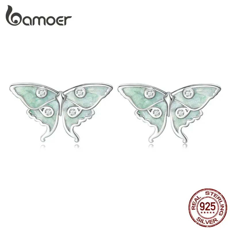 Серьги Bamoer 925 Серебряное серебро Волшебник Серьщики для шпильки бабочек Мята Зеленая эмале