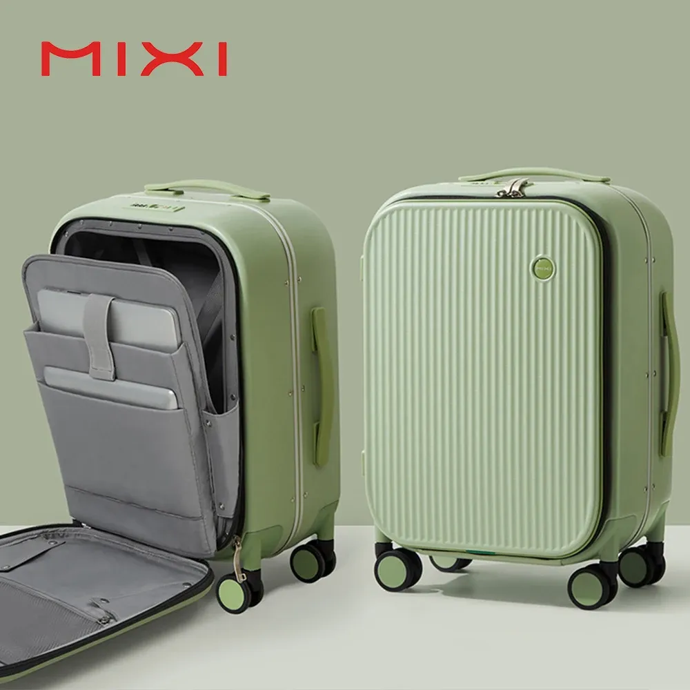 Carry-ons mixi 2023 Nya män 18 '' 20''Carry på resväskan Aluminium Frame Front Laptop Pocket Bagage 100% PC TSA Lock Spinner Wheels