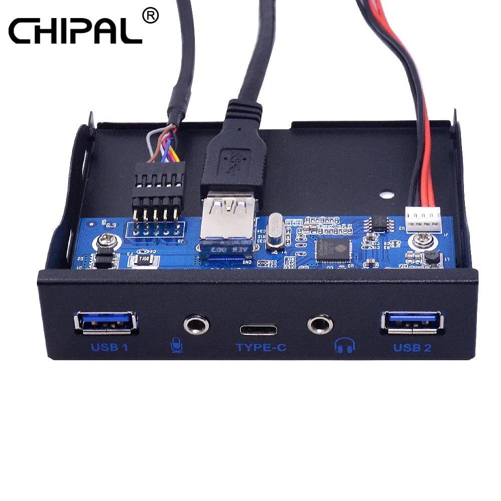 Kapsling Chipal 5 Ports USB 3.1 Typec Hub Spilitter USB3.0 USBC Front Panel HD Audio med Power Cable för PC Desktop 3.5 "Floppy Bay