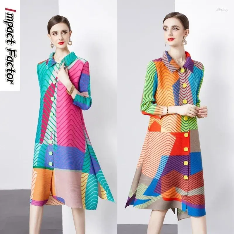 Casual Dresses Miyake 2024 Early Spring and Autumn Pleated Mid Length Printed Slimming Age Minska Women's Dress med 9/4 ärmar