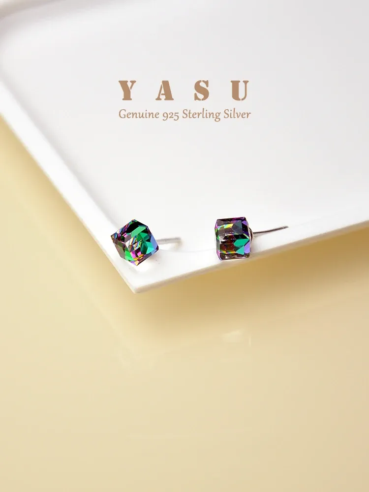 Earrings Yasu Auroral Cube Sugar Rainbow Austrian Square Crystal Stud Earrings For Women Cute Simple Colorful Fashion Jewelry Accessories