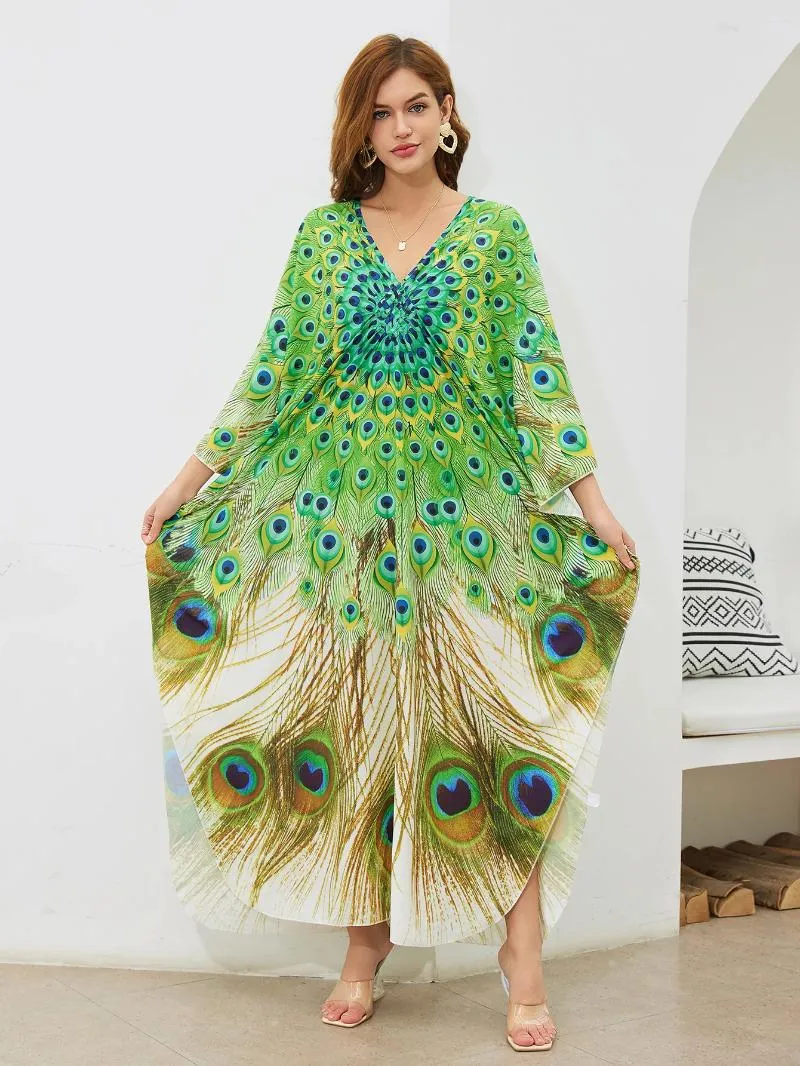 Шикарная павлин-перо принт плюс размер ручной сплоченной V Seck Kaftan Summer Women Women Beachwear Custuit Crest Up Cosy House Robe Q1636