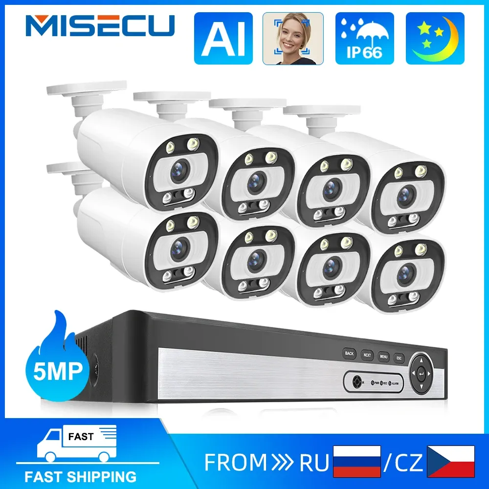 Controllo MISECU 8CH 5MP POE CCTV Sistema di telecamera di sicurezza Smart AI Rilevamento facciale Audio Video Surveoor Camera Kits P2P P2P