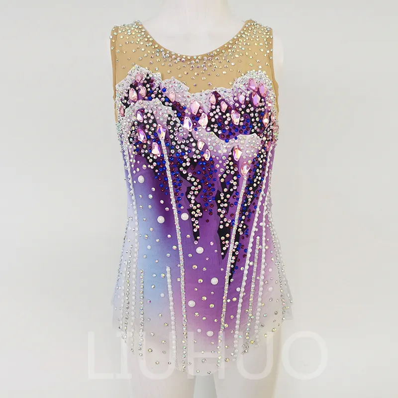 LIUHUO Customize Colors Rhythmic Gymnastics Leotards Girls Women Competition Artistics Gymnastics Performance Wear Crystals Purple BD1790