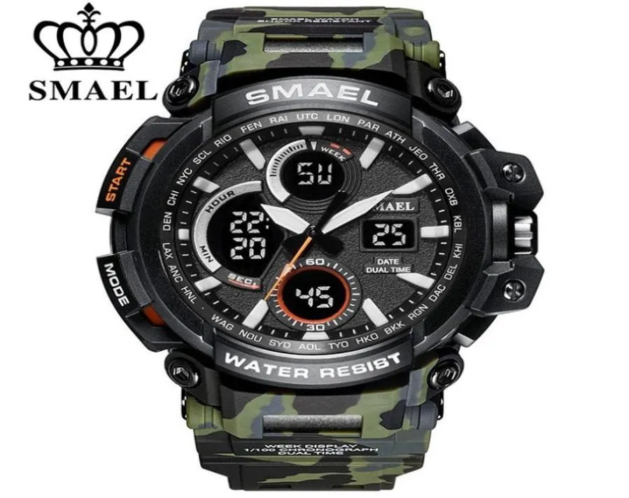 SMAEL Camouflage Watch Watch Мужчины Водонепроницаемые двойные времена дисплей мужские спортивные наручные часы цифровые аналоговые Quartz Watches Мужчины 1708 2105899320