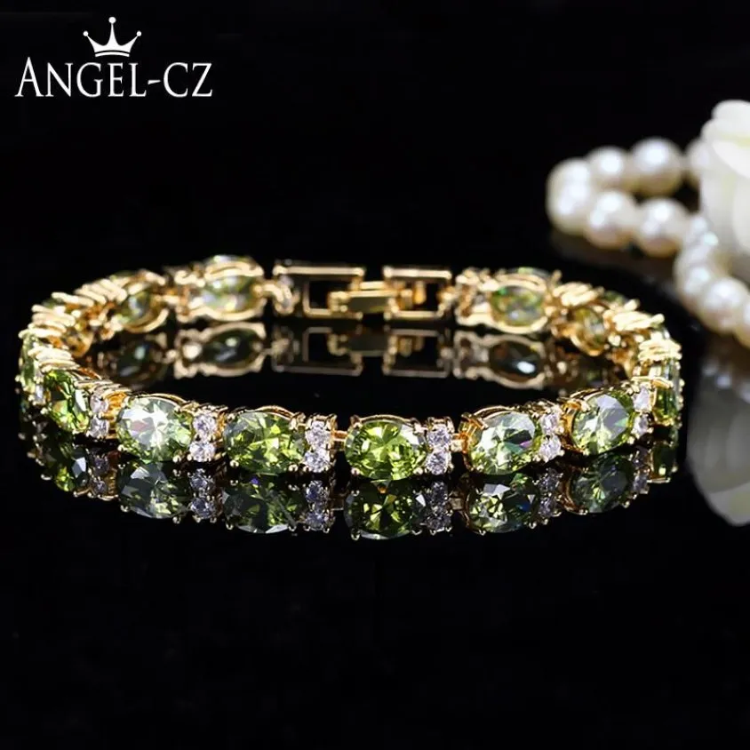 Dubai gult guldfärg smycken oval olivgrön kristall anslutning bling cz klassiska damer armband armband för kvinnor ab079 länk chai253n