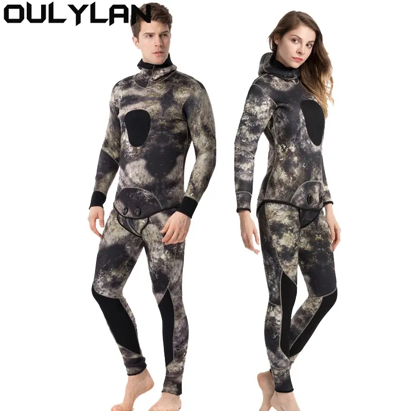 Accessoires Olylan WetSuit Men 5 mm 7 mm Néoprène Spearfishing Sweva Plongée Camouflage 2 pièces Gardez les surfaces de la combinaison de pêche chaleureuse