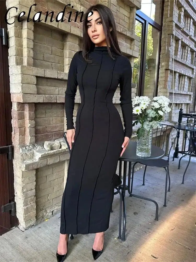 Casual Dresses Celandine 2024 Stripe Bodycon Ribbed O Neck Maxi Dress Women Fall Long Sleeve Black Elegant Party Club Vestidos