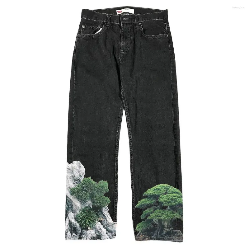Jeans femminile coreano pantaloni retrò alla moda con semplici piante stampate gamba dritta a vita alta casual y2k