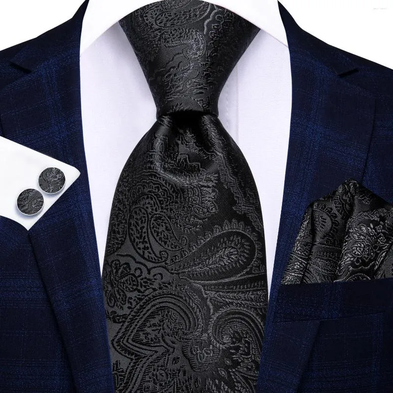 Bow Ties Hi-Tie Black Paisley Business Men Tie 8.5 cm Jacquard Coldie Accessoire Daily Wear Cravat Wedding Party Hanky Cuffink Wholesale