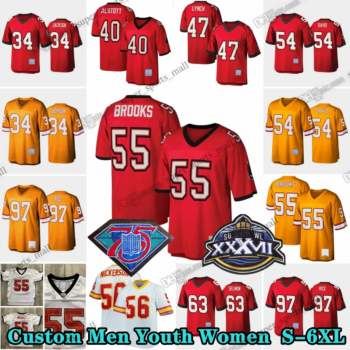 Custom 75th Throwback 55 Derrick Brooks 1995 Jerseys de fútbol 63 Roy Selmon 99 Warren Sapp 47 John Lynch 40 Mike Alstott 17 Doug Williams 12 Tom Brady 32 James Wilder Sr.