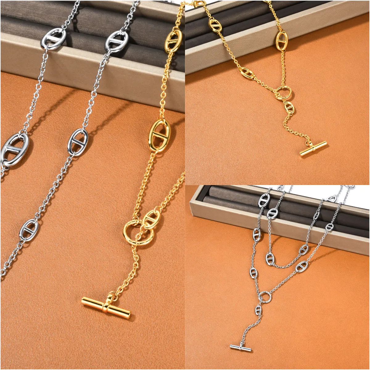 Luxury long designer necklace titanium steel Silver Necklace double layered with OT button clavicle chain designer jewelry high sense overlapping wear choker