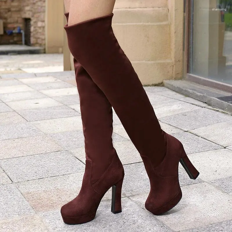 Boots Autumn Over The Knee Women Fashion Flock Long Botas High-heeled Platform Shoes Woman Thigh High WomensSize