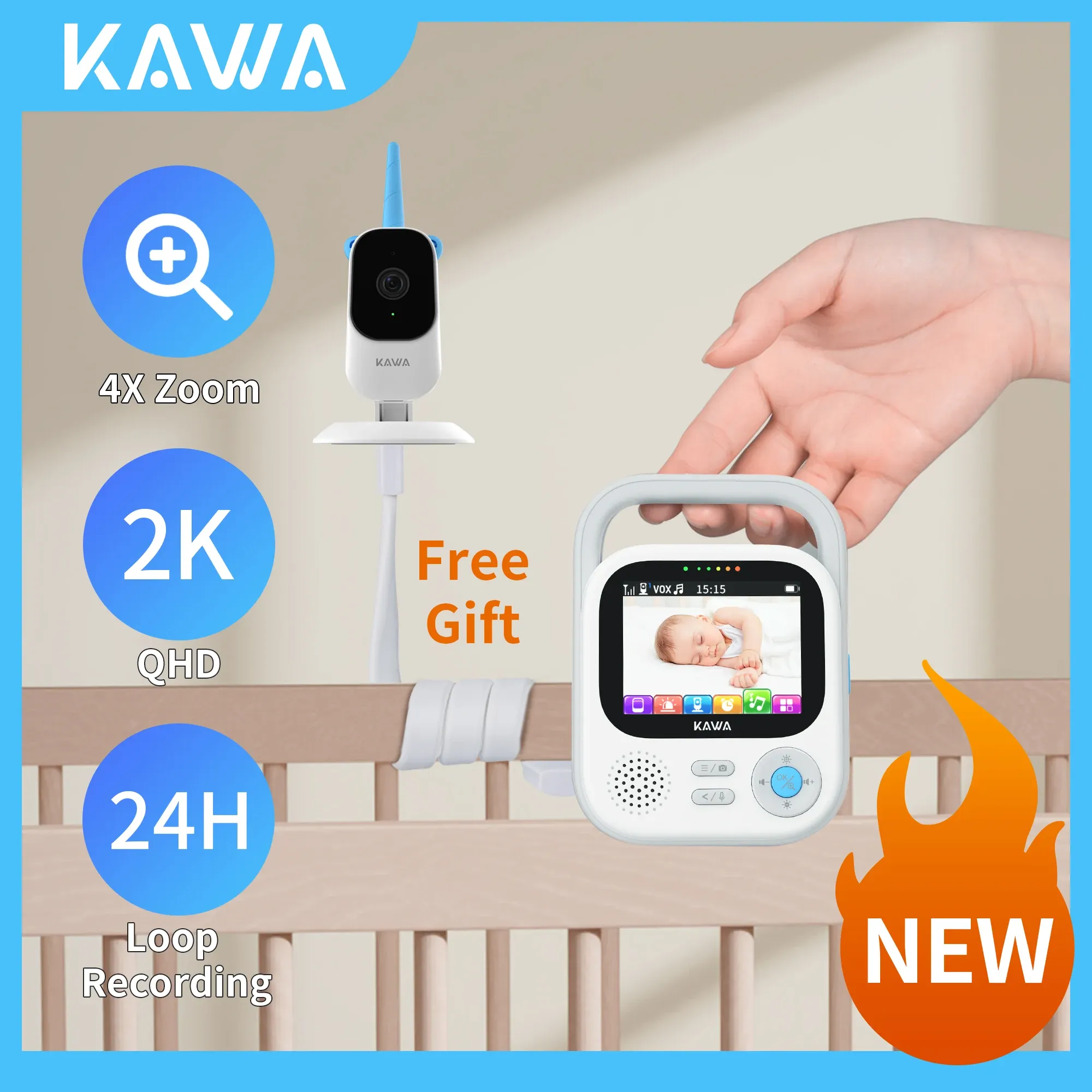 Monitora il monitor per bambini Kawa 2K con fotocamera e audio Wireless Camera Night Vision Vision Intercom 24/7 Registrazione Archiviazione 4x Zoom
