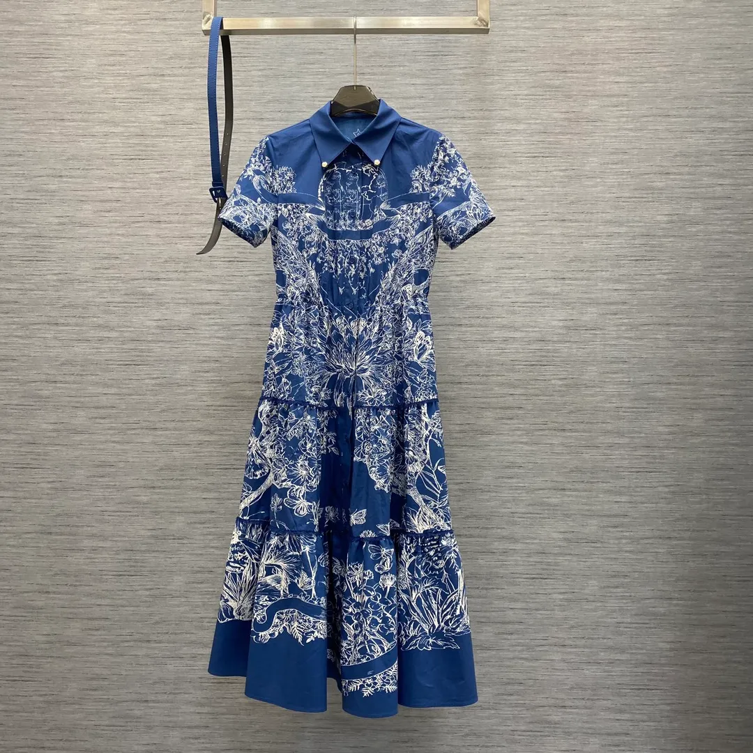 Vestido feminino algodão azul floral estampado lapel pesco