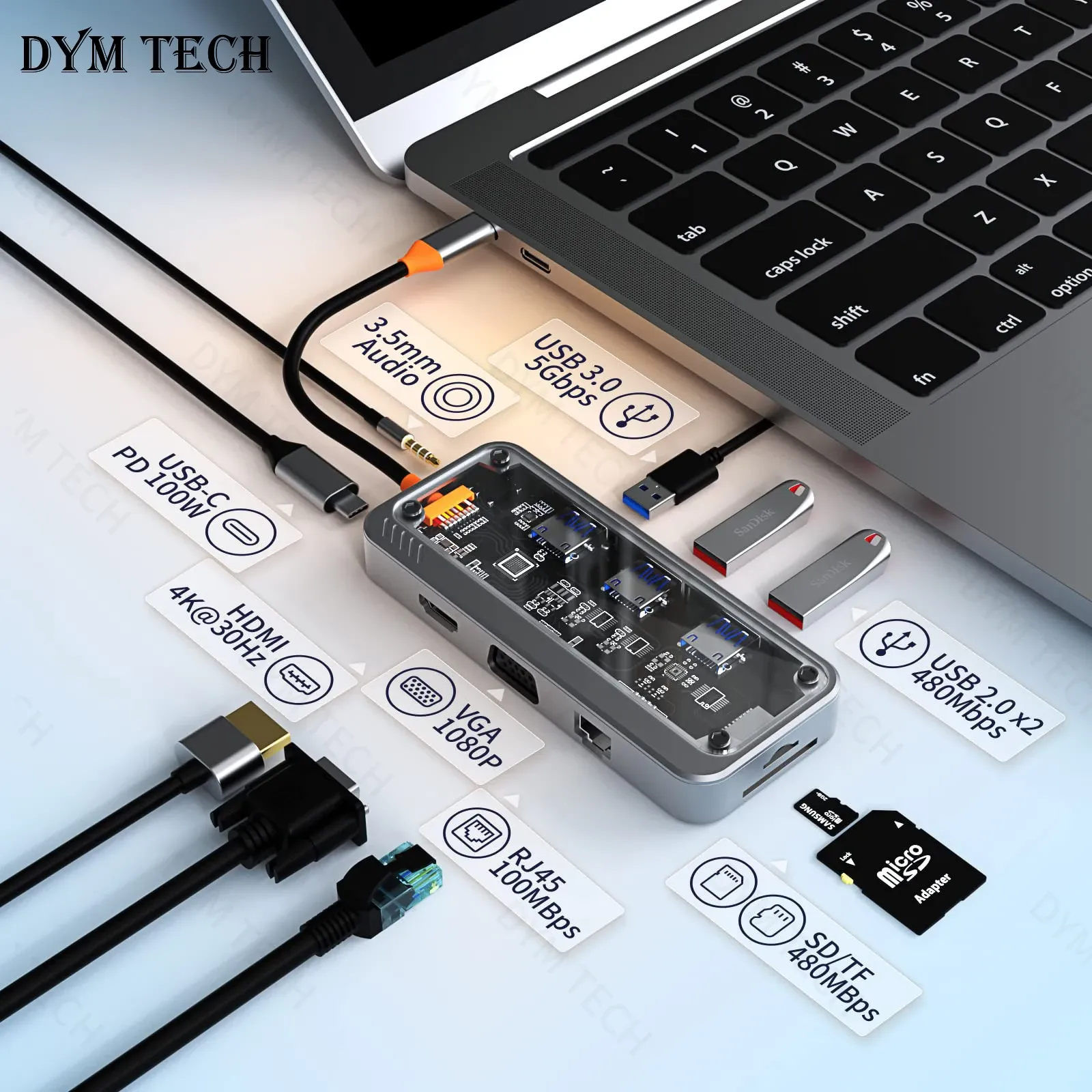 Hubs transparente USB -C -Hub 1000m RJ45 Network Port PD100W Typ C Hub Docking Station USB C Splitter Typ C zu hdmicompatible Adapter