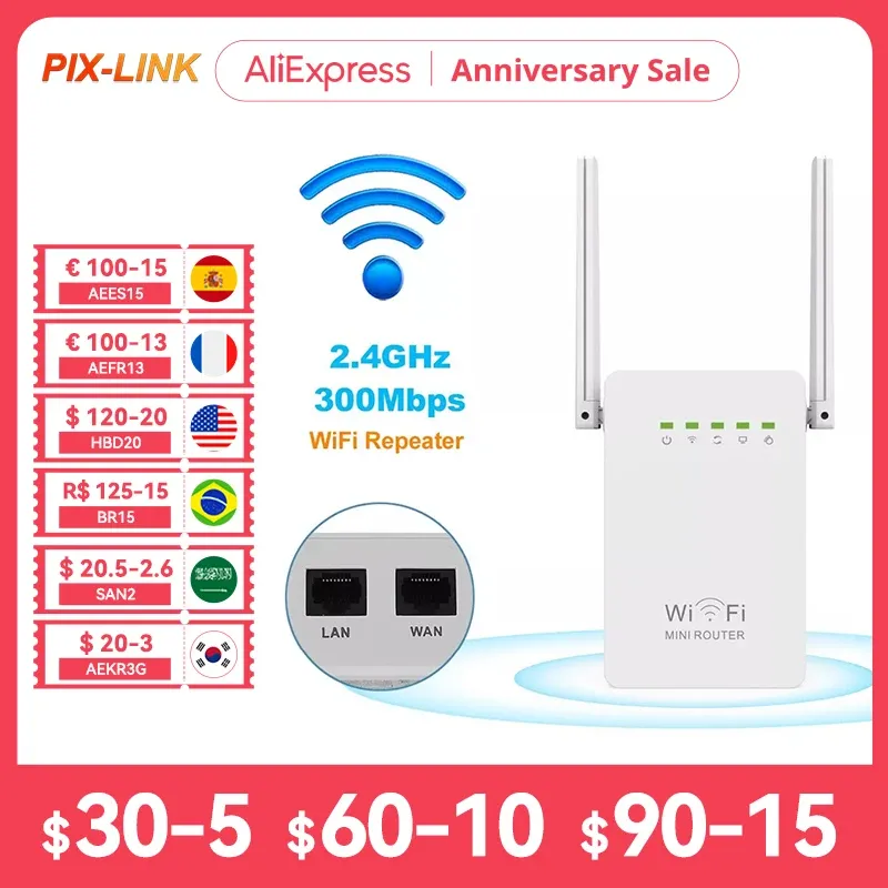 Routers Pixlink 300 Mbps WiFi Router Amplifier Network Expander Repeater Power Extender Roteador 2 Antenna för Tplink Xiaomi Tenda