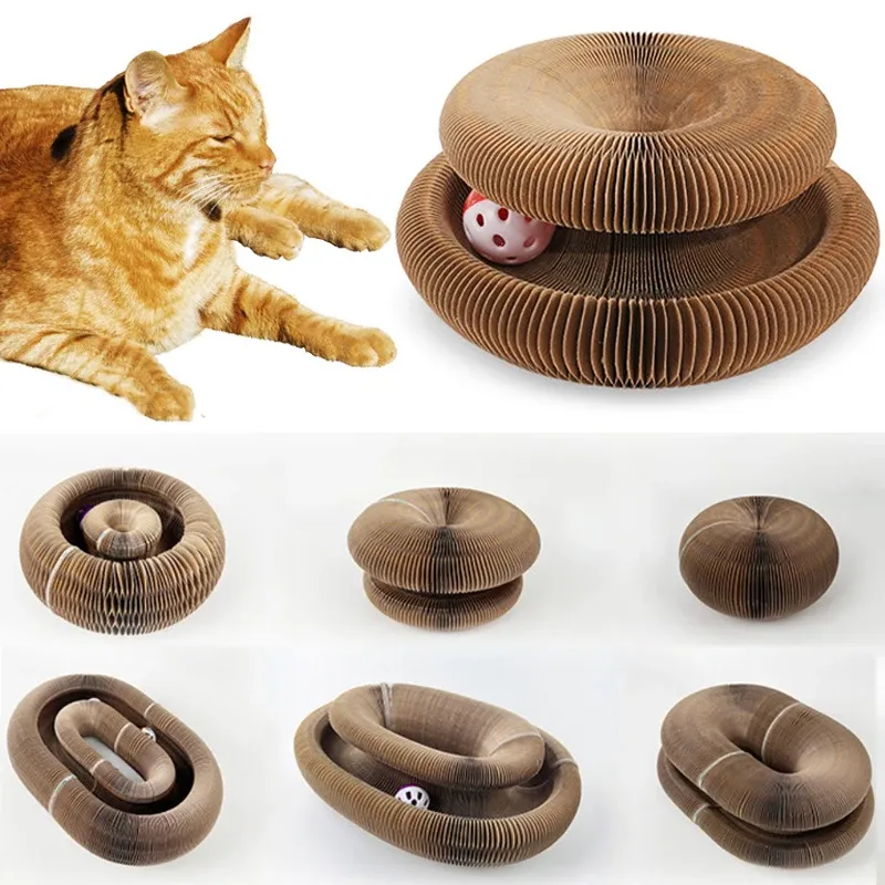 Toys Magic Organ Foldable Cat Scratch Board Toy with Bell Cat Grinding Claw Cat Climbing Frame Round Corrugated Cats Interactive Toys