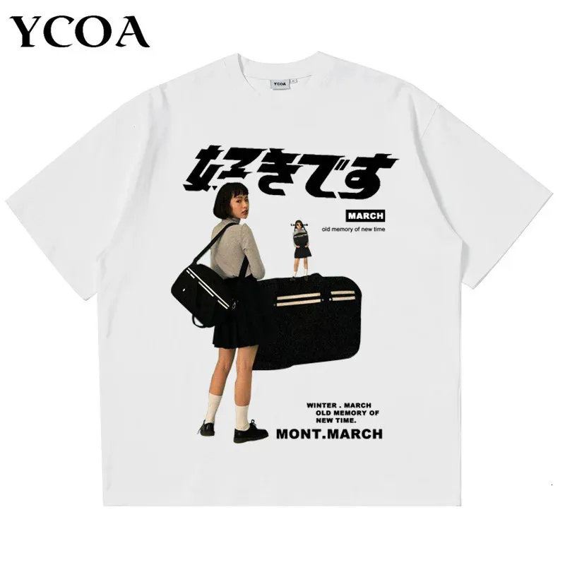 Men T-Shirt Cotton Girl Japanese Kanji Print Hip Hop Streetwear Harajuku Short Sleeve Tops Tees Oversized Graphic Y2k Clothing 240422