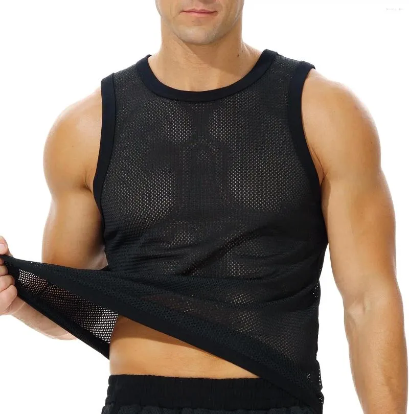 Herrtankstoppar mesh träningstoppmonterad ärmlös skjorta för avslappnad gymmuskelträning