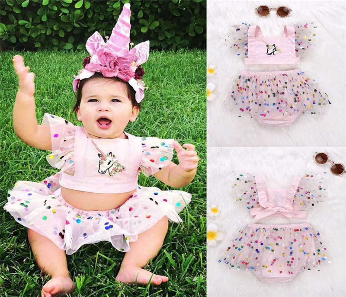 Summer Baby Girl Clothes Cute Infant Girls Outfits Unicorn Rainbow Dot Printing Crop Top Tutu Shorts kjol 2st Småbarn Girls CL3009029