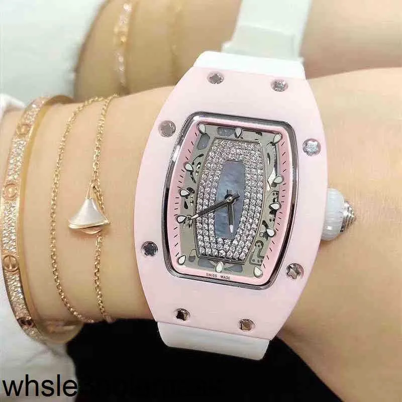 Kvinnors keramiska klockor RMS07-01 Richamill Business Leisure Date Automatic Machinery Pink Luxury White Tape Wristwatch