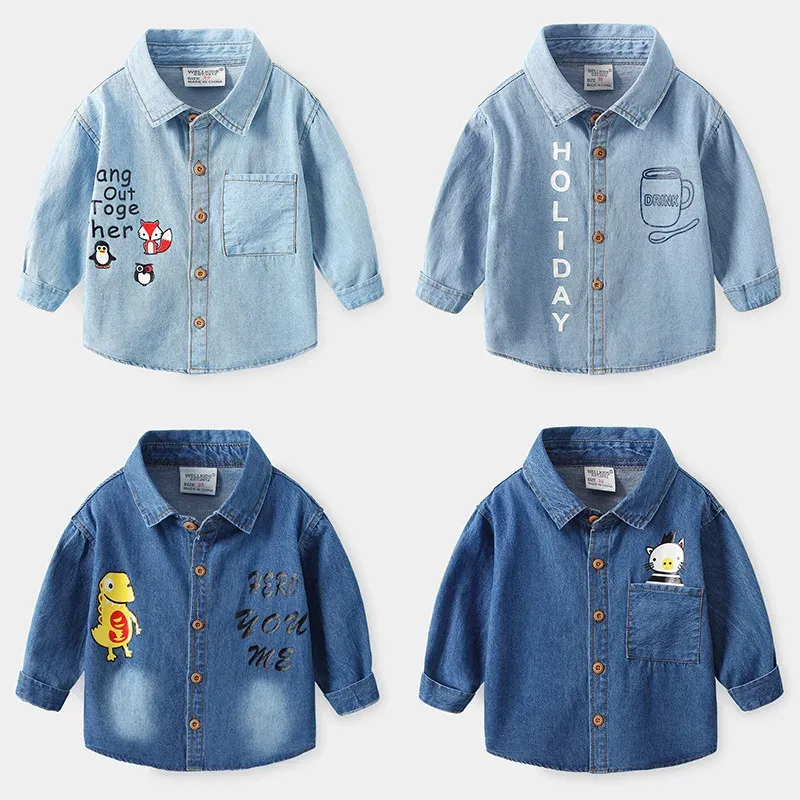 T-shirts Autumn New Baby Boys Clothes Children Blue Jean Jackets TurnDown Collar Full Sleeve Cartoon Mönster Knapp Skjortor 2023 NYTT